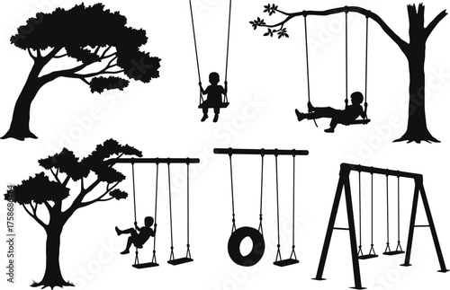 Children swinging on tree and playground swings, silhouette vector, outdoor play, childhood joy, nature scene, black and white illustration, summer activity