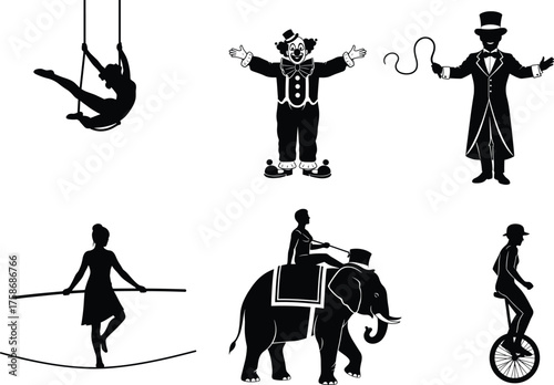 Circus silhouette vector, trapeze artist, clown, ringmaster, tightrope walker, elephant rider, unicyclist, black and white, performance, entertainment, carnival, show