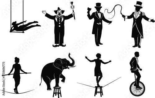 Circus vector illustration, black and white silhouette, trapeze artist, clown, ringmaster, elephant, unicycle, tightrope walker, magician, performance, entertainment, show