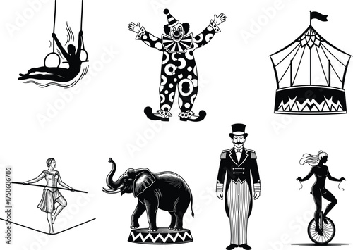 Circus vector illustration, trapeze artist, clown, tent, tightrope walker, elephant, ringmaster, unicyclist, black silhouette, carnival, entertainment, performance, show