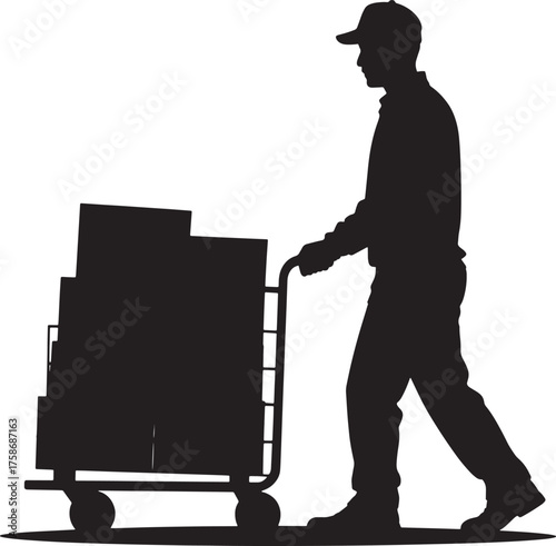 Courier Pushing Cart Silhouette Delivering Boxes Shipment Delivery Service Business