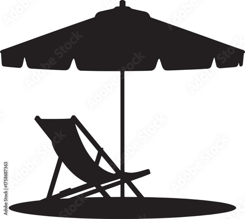 Relaxing Beach Scene Silhouette Umbrella Chair Lounger Summer Vacation Serenity Graphic