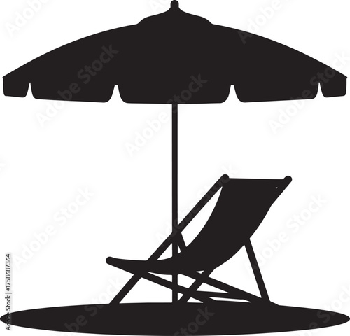 Lounger With Umbrella Silhouette Beach Scene Serenity Relaxation Graphic Vector Template