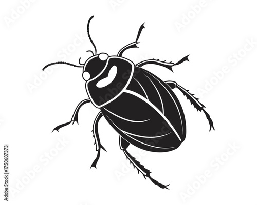 A stark black silhouette of a cockroach with detailed legs and antennae, presented on a white background