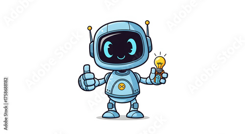 Friendly AI Robot Character Giving Thumbs Up and Holding an Idea Light Bulb, Symbolizing Innovation, Solutions, and Technological Assistance and Support