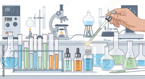 Skincare laboratory scene with test tubes, serums, and pipettes, representing research and innovation