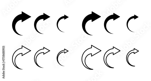The icon, the icon of a semicircular curved arrow, is isolated on a white background, vector, black outline and silhouette. Graphic black and white element for design, stickers. Direction, motion