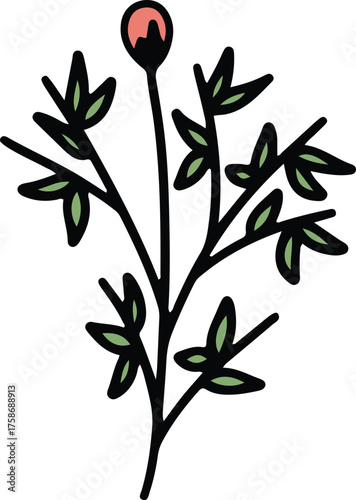 Vector art of a stylized drawing of a plant with a single bud and green leaves, isolated on a