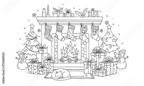 A delightful doodle line art style Christmas scene featuring a cozy fireplace, hanging stockings, wrapped gifts, and festive decor.
