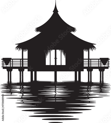 Stilt House Silhouette Vector Artwork for Coastal Scenery and Travel Themes Projects