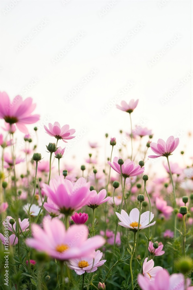 Fototapeta premium Pink Cosmos Flowers in a Serene Field at Sunset - Spring background