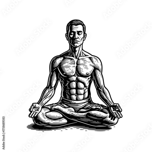 Athletic man with a muscular body meditating in a lotus yoga pose, a vintage woodcut engraving style illustration