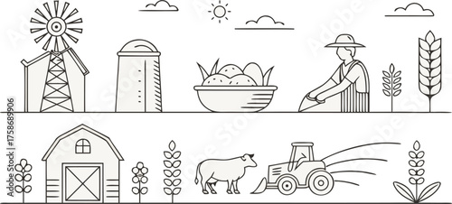 “a set of minimalist line-art farm and agriculture icons, including windmill, farmer with shovel, rice bowl, corn, irrigation system, sack of seeds, wheat, grain silo, cow, sheep, tractor, barn, pig, 