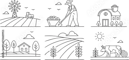 “a set of minimalist line-art farm and agriculture icons, including windmill, farmer with shovel, rice bowl, corn, irrigation system, sack of seeds, wheat, grain silo, cow, sheep, tractor, barn, pig, 