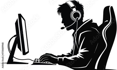 Gamer in gaming chair playing computer with headphones banner