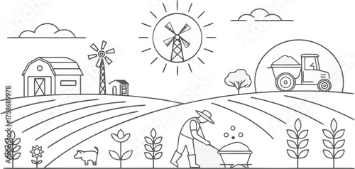 “a set of minimalist line-art farm and agriculture icons, including windmill, farmer with shovel, rice bowl, corn, irrigation system, sack of seeds, wheat, grain silo, cow, sheep, tractor, barn, pig, 