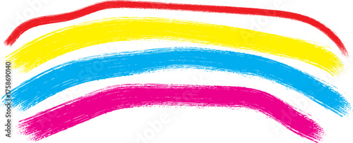 Vibrant abstract brush strokes in red yellow blue and pink forming curved lines on a white background