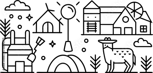 “a set of minimalist line-art farm and agriculture icons, including windmill, farmer with shovel, rice bowl, corn, irrigation system, sack of seeds, wheat, grain silo, cow, sheep, tractor, barn, pig, 