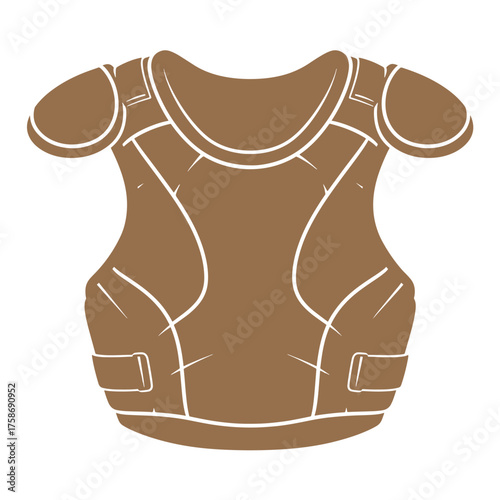 Brown baseball catcher chest protector with white outline gear