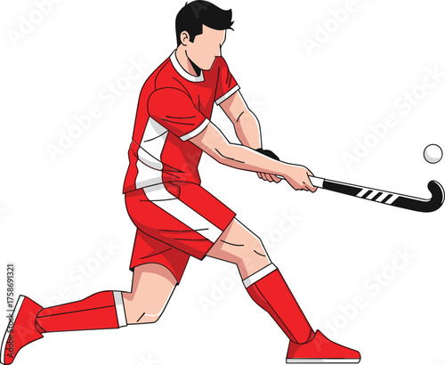 Male Hockey Athlete Action Pose – Red Uniform Field Hockey Vector Design