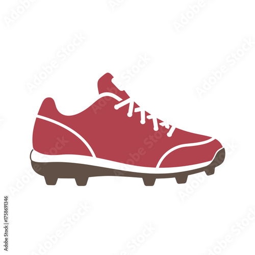 Red baseball cleat with white laces and brown sole on white background shoe footwear