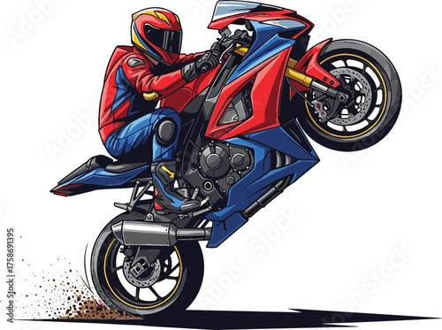 Vector Illustration of a Motorcycle Wheelie – Rider in Motion with Dirt and Speed Effect