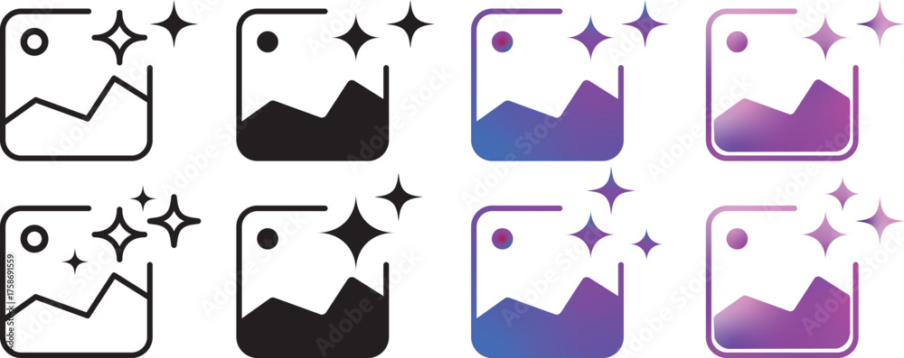 gallery ai icon sparkle star symbol. image photo album, gallery ai icon sparkle star symbol. Vector ai generated icon gradient logo. for apps, photo editing tools