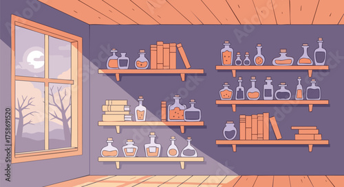 Cozy Witch Potion Storage Room with Wooden Shelves Flat Vector Illustration