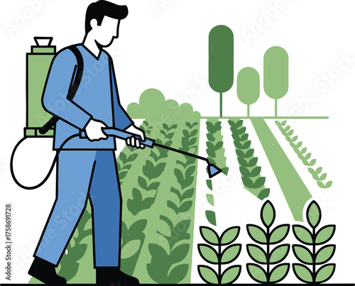 Man Applying Fertilizer and Chemicals on Plantation – Modern Farming Vector Design