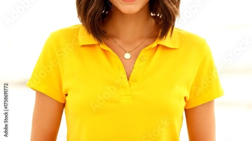Young Woman Smiling Wearing Yellow Polo Shirt.