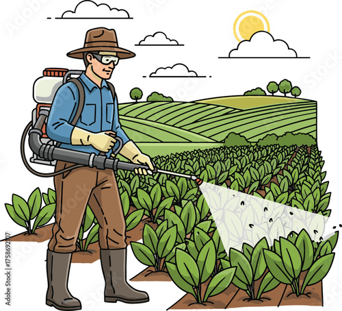 Farmer Spraying Pesticide on Crops – Agricultural Treatment and Farm Work Vector Illustration