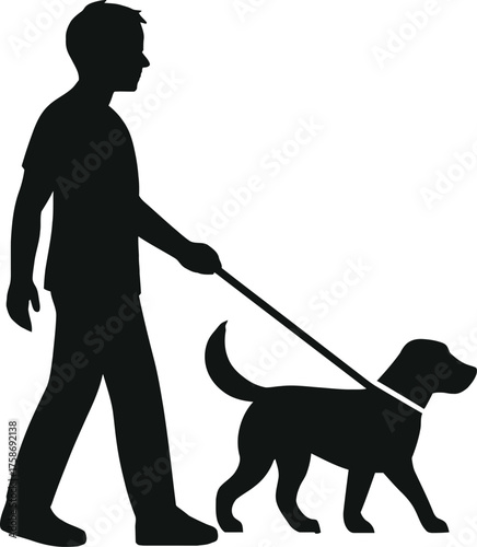 Silhouette of a person walking a dog on a leash