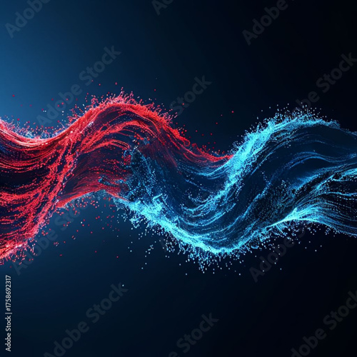 Two contrasting digital forces colliding: one red wave representing a cyberattack and one blue wave representing cybersecurity defense, abstract energy style, glowing particles, dynamic composition.