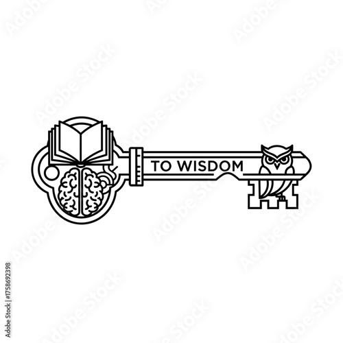 Key to wisdom with brain and book illustration in line art style  