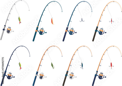 Fishing rods with different lures and hooks collection, realistic angling equipment vector illustration for fishing hobby and outdoor sport design.