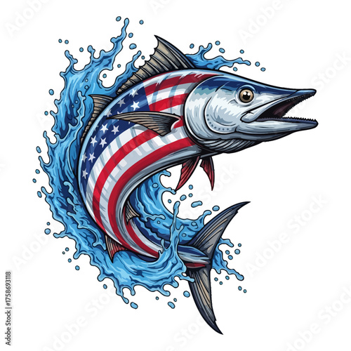 American flag design on wahoo fish vector art for saltwater fishing theme