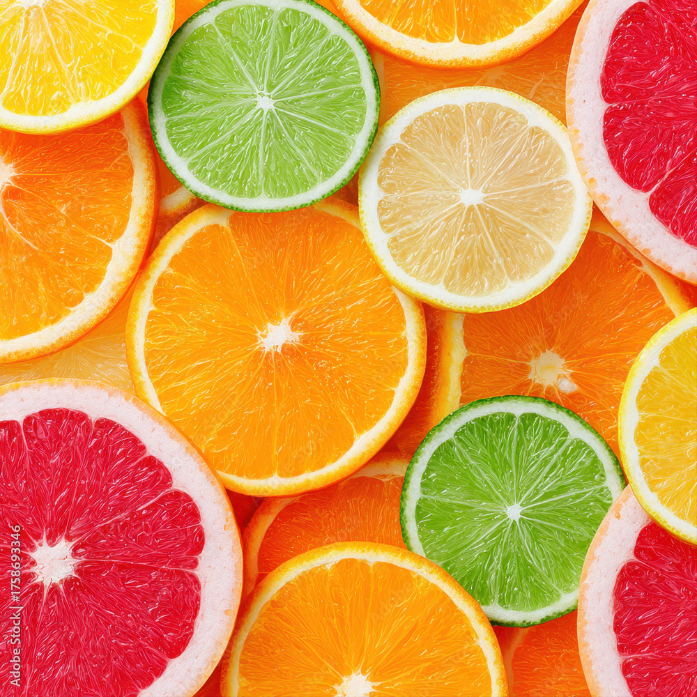 Obraz premium Vibrant pattern of colorful citrus slices including orange, lemon, lime, and grapefruit creating fresh and lively composition