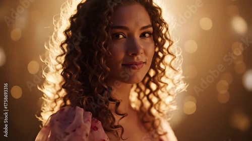 Young Woman with Curly Hair in Golden Light.