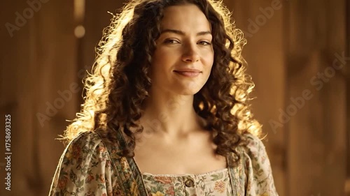 Young Woman with Curly Hair Bathed in Golden Light.