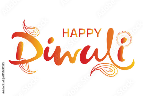 Elegant golden and orange script text wishing happy diwali on a white background
