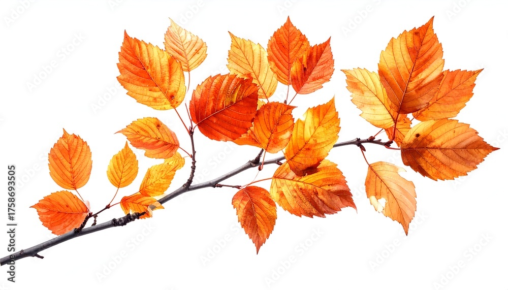 Fototapeta premium Branch displaying vibrant orange and yellow autumn leaves against a clean white background