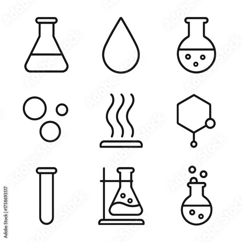 Minimalist laboratory icons featuring flasks and chemical symbols