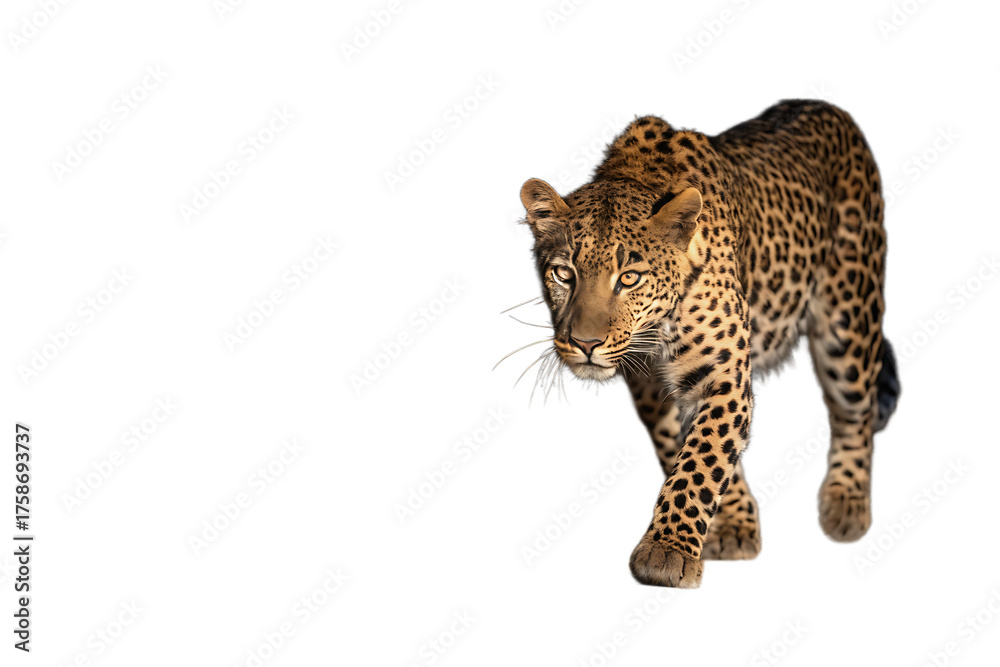 Obraz premium Leopard walking with spotted fur isolated on transparent background