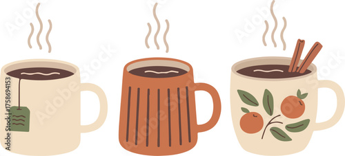 Three mugs with hot drinks and steam up mug, drink, tea, coffee, steam, hot, beverage, cup, cinnamon, stick, orange, leaf, pattern, brown, white, tag, liquid, aroma, warm, relax, cozy, winter, autumn,