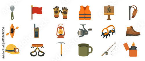 Flat vector icons of essential camping and hiking gear including compass, flashlight, map, backpack, and Swiss knife