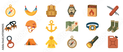 Colorful flat vector icons of outdoor and camping essentials including boots, raincoat, lantern, cup, and lighter