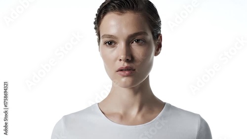 Young Woman With Short Hair Wearing a White T-Shirt Studio Portrait.