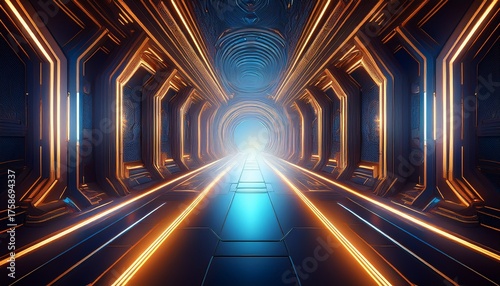 futuristic hallway portal symetrical with beams until it dead ends into a wall
