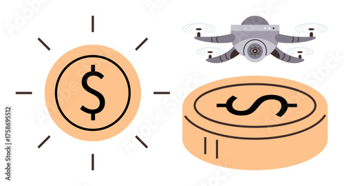 Flying quadcopter carrying coins surrounded by dollar signs symbolizing financial technology, automation, delivery systems, modern banking, and efficient money transfers. Ideal for fintech, economy
