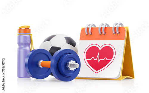 Sports Physical Scheduling: A dumbbell, a soccer ball, and a shaker bottle are placed together near a calendar with a heart symbol on its page. A 3D rendered graphic themed around sports and fitness.